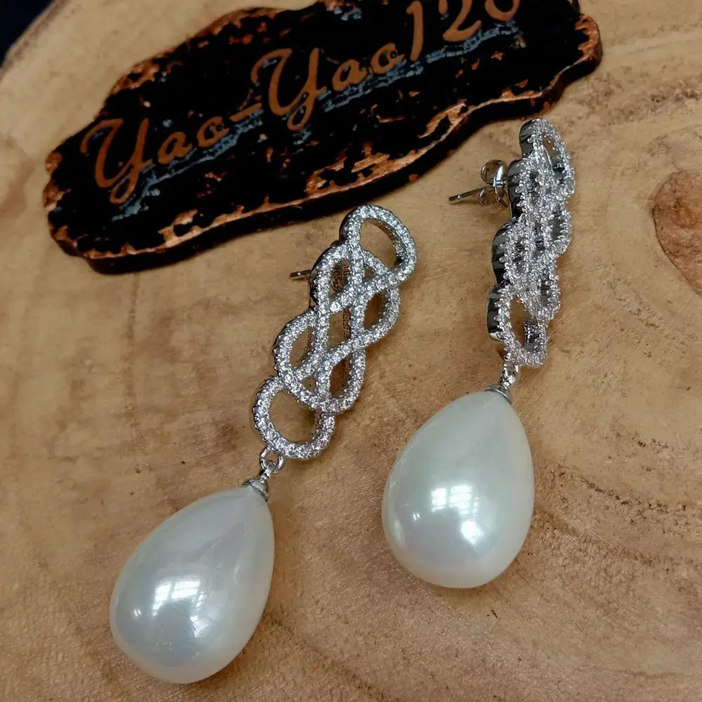 White Teardrop Sea Shell Pearl White Gold color Plated Cz pave Stud Earrings  Classic Rhinestone Earring Wedding Luxury  Brincos