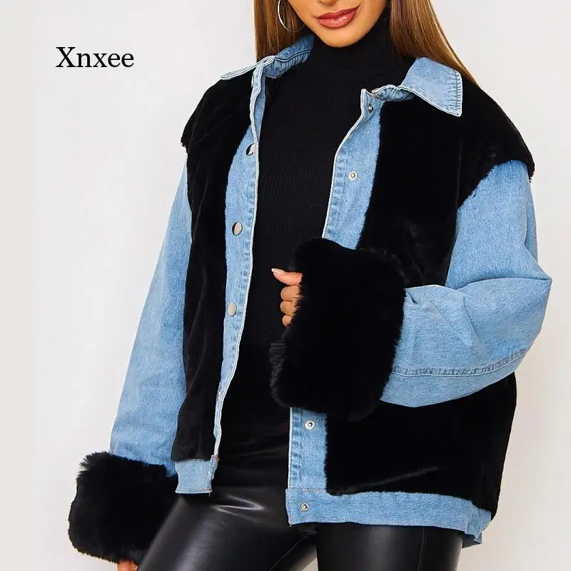 Autumn and Winter Casual Women's Fashion Warm Fleece Denim Patchwork Coat Jacket Ladies Loose Long-Sleeved Jacket Top Streetwear