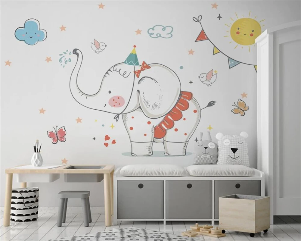 

Custom wallpaper Hand drawn cartoon white clouds stars baby elephant children room background wall 3d wallpaper mural