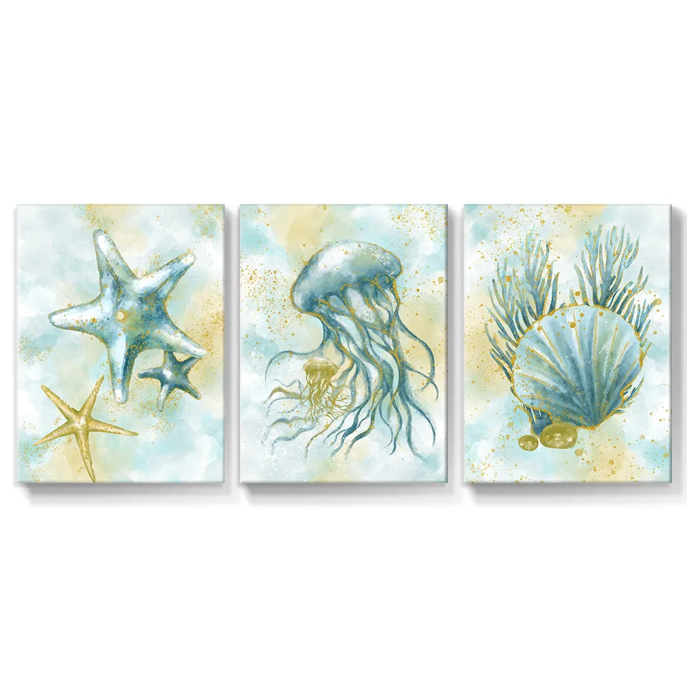 3 Pieces Nautical Ocean Sealife Bathroom Posters Pictures Canvas Wall Art Decorative Home Decor Paintings Living Room Decoration