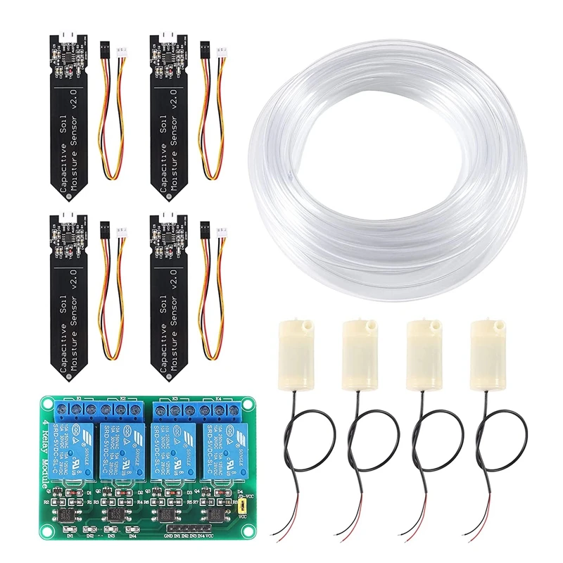 Moisture Detection Garden Watering 4*Capacitive Soil Moisture Sensor 4Channel 5V Relay Module+4*Water Pump+4M Tubing for Arduino