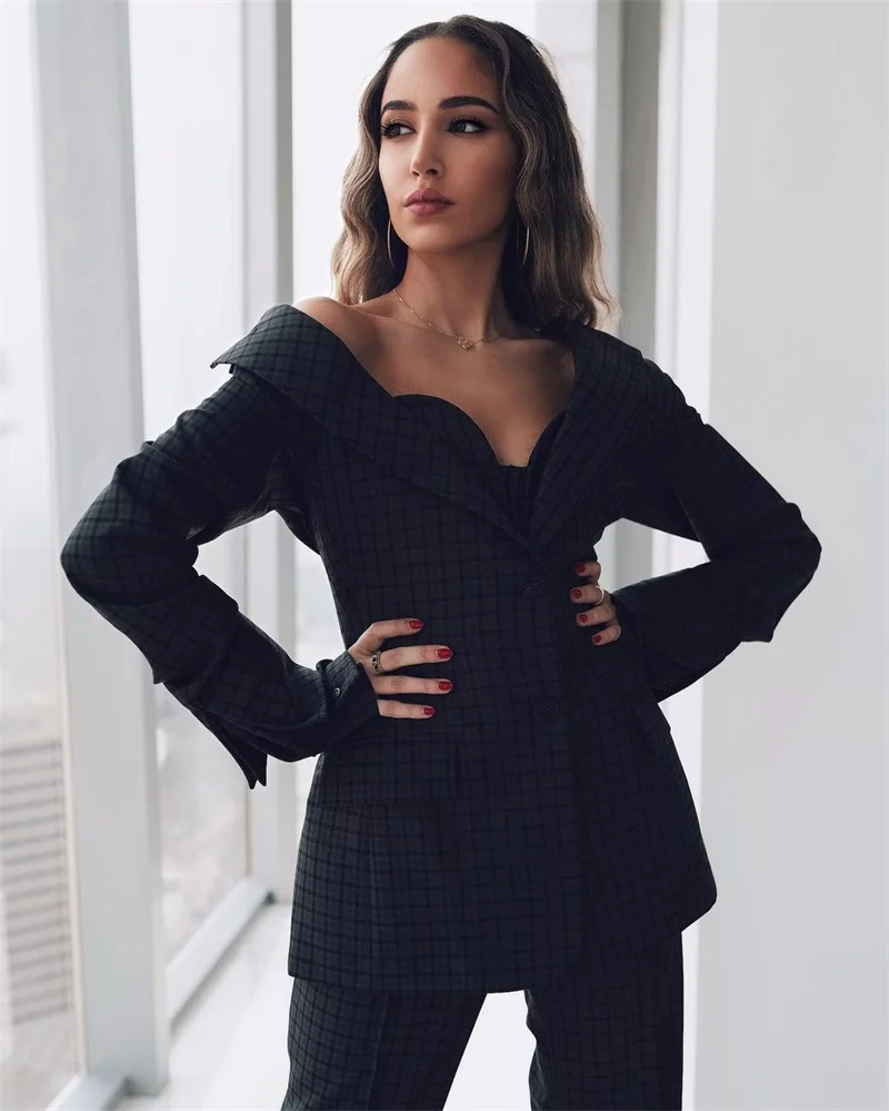 2 Pieces Women Suits Houndstooth Plaid Fashion Coat+Pant Long Sleeves Formal Party Suits Customize Fit Slim Girl Suits