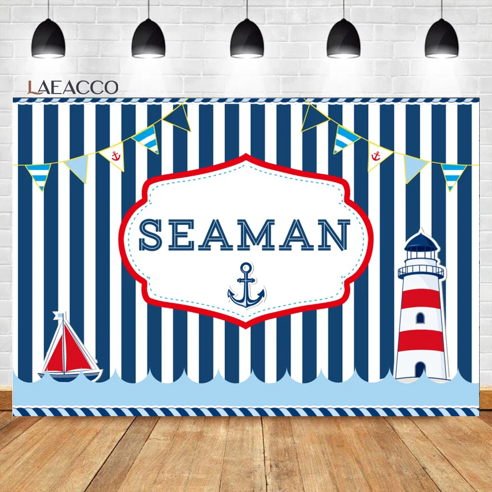 Laeacco Baby Birthday Photophone Photography Backdrops Sea Pennant Seaman Sailor Lighthouse Ship Blue Stripe Photo Backgrounds