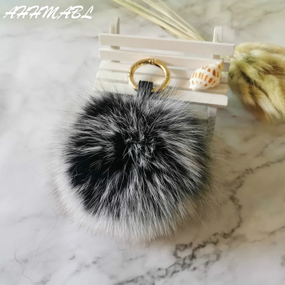 12cm Luxury Fluffy Real Fox Fur Ball PomPom 14 Colors Genuine Fur Keychain Metal Ring Pendant Bag Charm F314