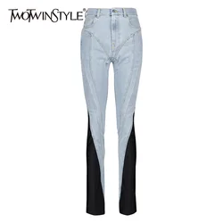 TWOTWINSTYLE Colorblock Patchwork Denim Pencil Pants Women High Waist Casual Slim Jeans Trousers Female Fashion 2023 Autumn New