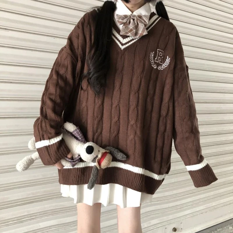 New 2020 Japanese Wear Pullover Jk Sweater Loose V-Neck Regular Long SleevesStudent Hollow Out Knitting Loose Women Pullover