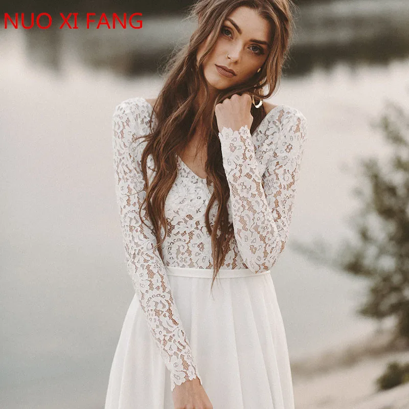 Beach Wedding Dress Long Sleeve Boho V Neck Open Back bridal dresses 2022 Chiffon Princess Lace Chiffon Wedding Gown novia