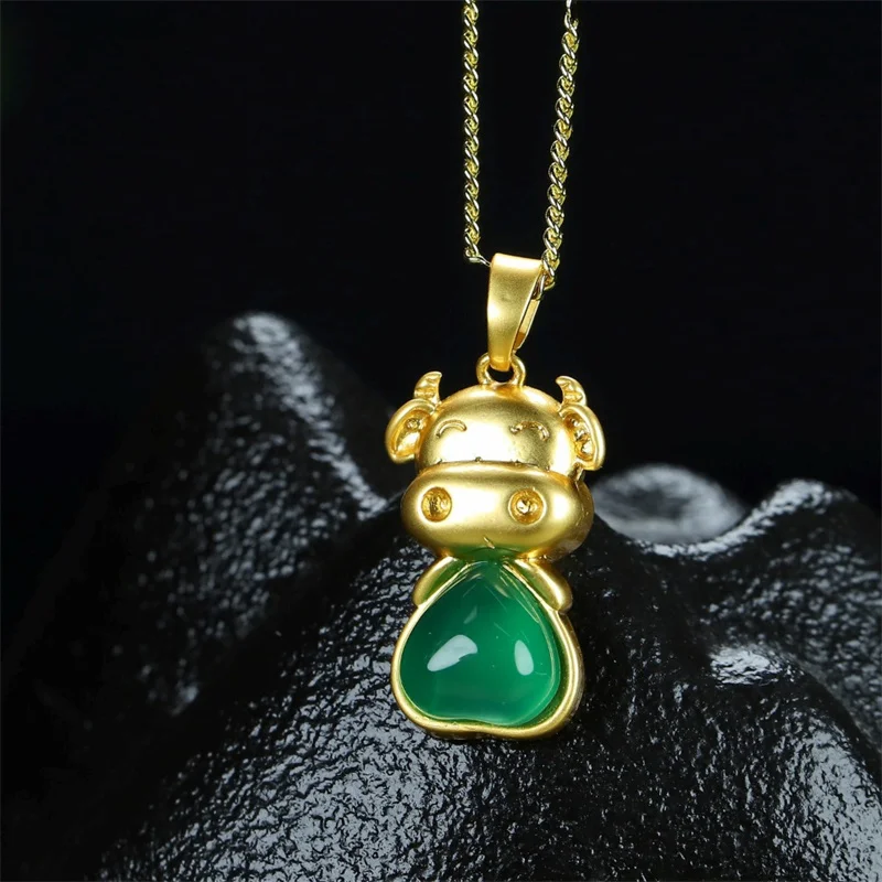 Hot Selling Natural Hand-carved Jade Refined Copper Plating 24k Inlaid Zodiac Ox Necklace Pendant Jewelry Men Women Luck Gifts