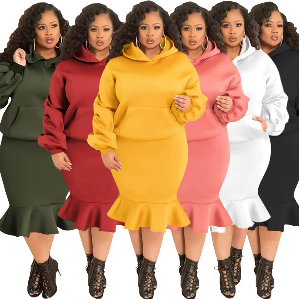 Women Clothing Sets Plus Size 2021 New Fall Winter Hooded Long Sleeve Fashion Loose Casual Sports Sweater Suit Female Skirt Suit