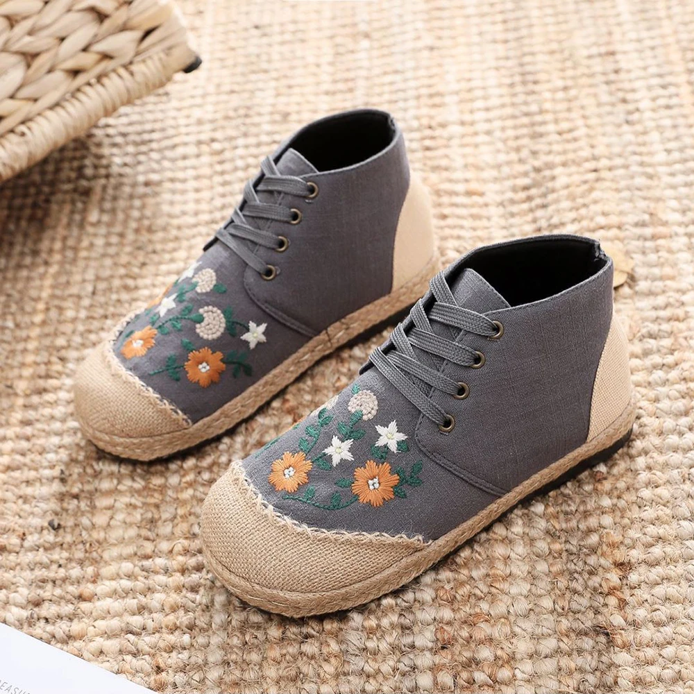 Veowalk Daisy Embroidered Women Linen Cotton High Top Lace Up Espadrilles Sneakers Ladies Comfortable Casual Flat Booties Shoes