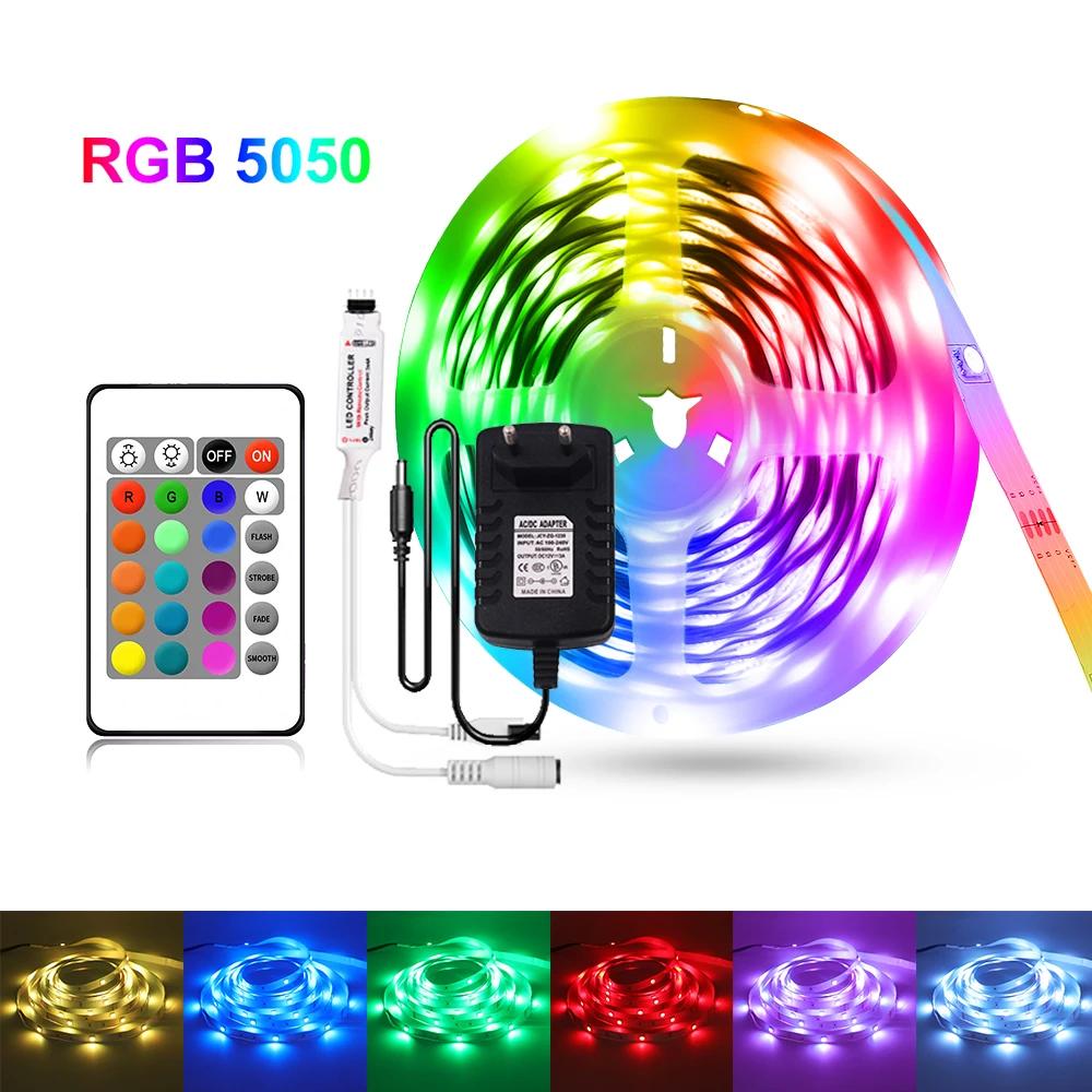 

5m 10m 15m 5050 RGB LED Strip Light with IR Remote Control DC12V Flexible LED Ribbon Tape Backlight Diode Light String Stripe