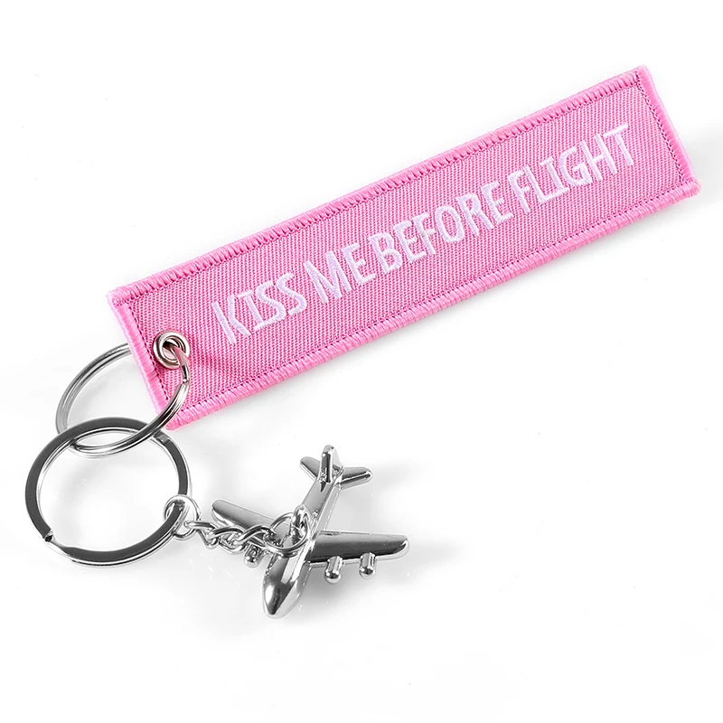 Pink Kiss Me Before Flight Key Chain Label Embroidery Keychain with Metal Plane Key Chain for Aviation Gifts Car Keychains