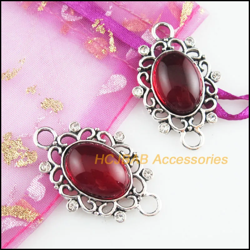 5Pcs Tibetan Silver Tone Flower Oval Red Glaze Charms Connectors 25x38mm