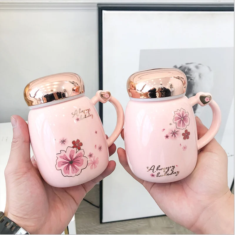 Sweet Pink Ceramic Mug With Mirror Cover For Coffee Girls Fresh Lovely Mugs With Sealed Lid Office Flower Tea Cup