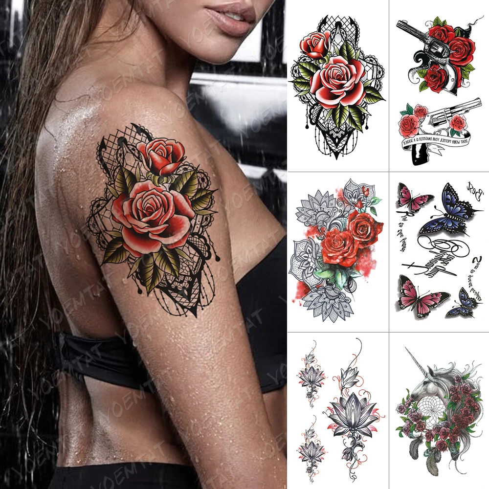 Waterproof Temporary Tattoo Sticker Red Flower Lace Rose Gun Butterfly Flash Tattoos Unicorn Lotus Body Art Arm Fake Tatoo Women