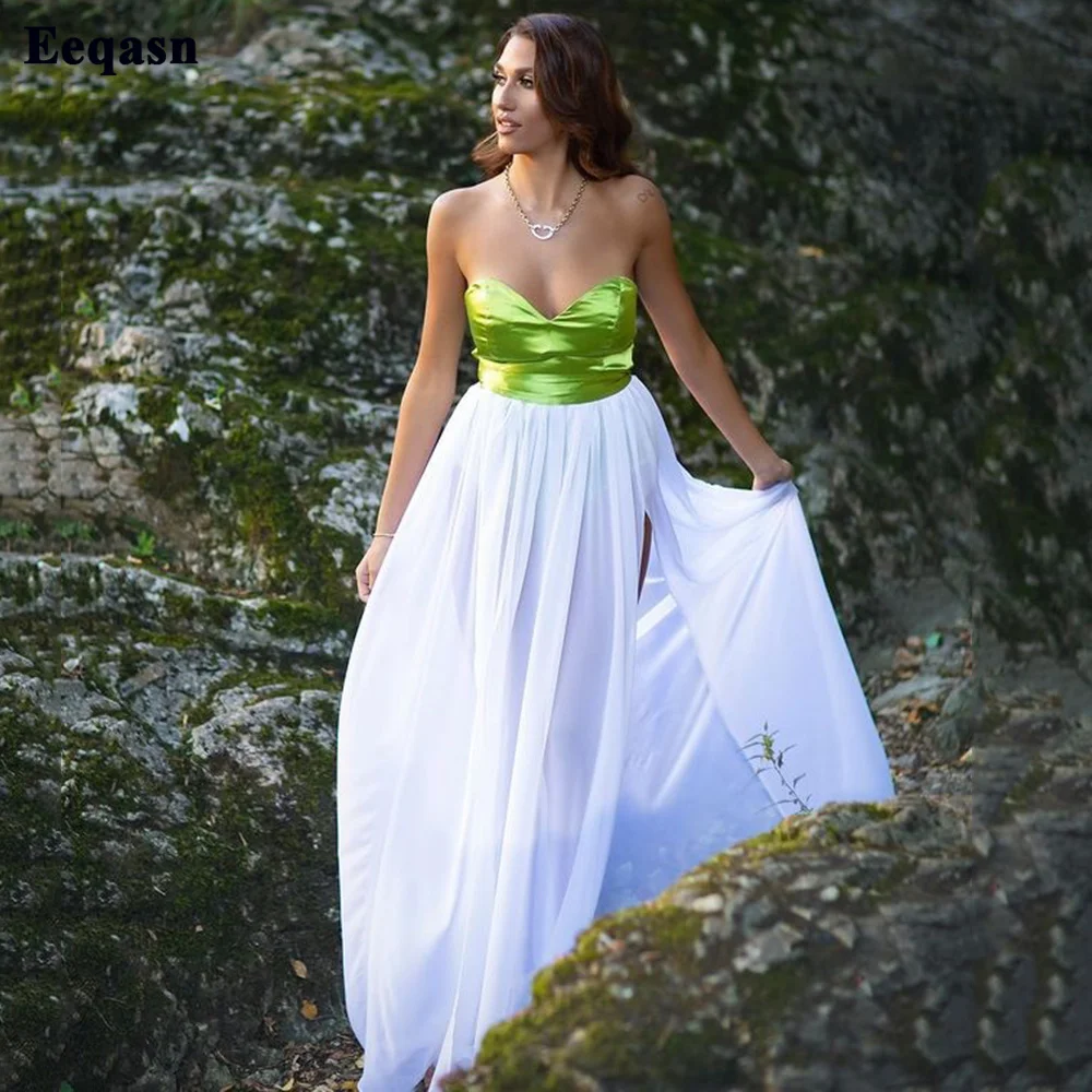 Eeqasn Bright Green Satin And Ivory Chiffon Evening Dresses Long Side Slit Beach Prom Party Gowns Plus Size Women Formal Dress