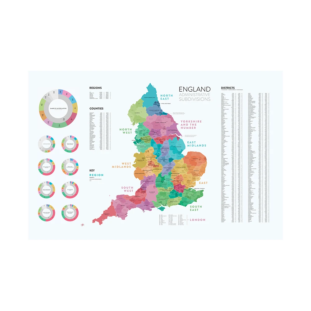 Póster de lona no tejida para decoración del hogar, mapa de las subdivisiones centrales de Inglaterra, con detalles de las Regiones, material escolar, 150x100 Cm