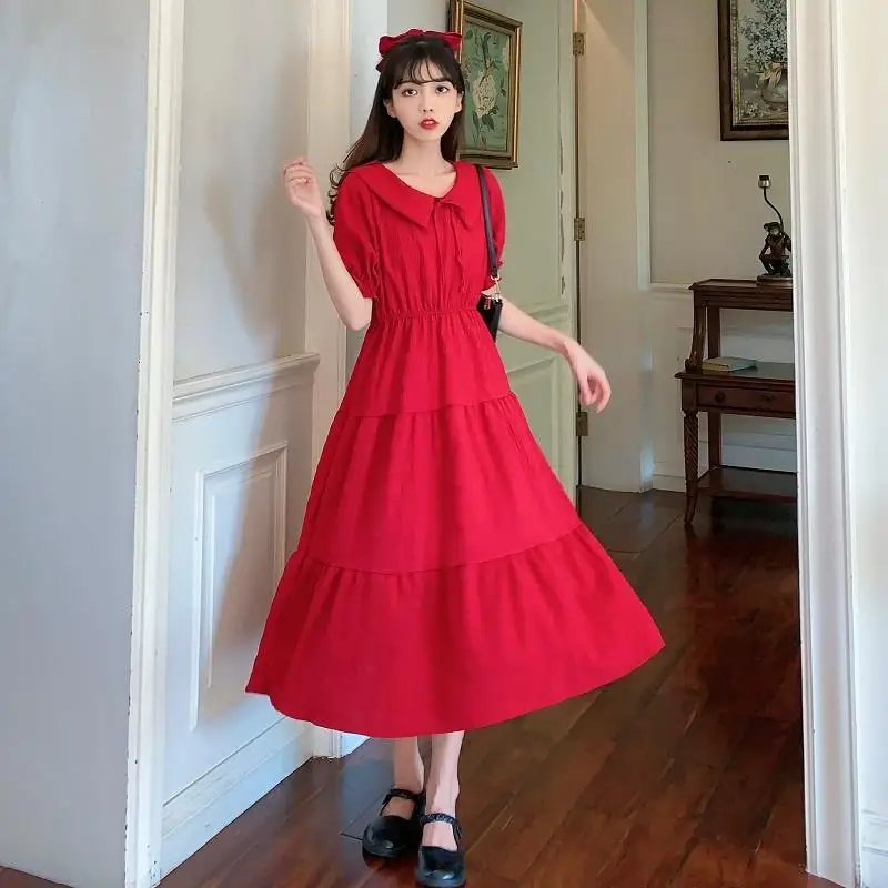 Short Puff Sleeve Dress Women Peter Pan Collar Calf-length Elegant Solid Pleated Korean Sweet Girls Female Stylish Purple Chic