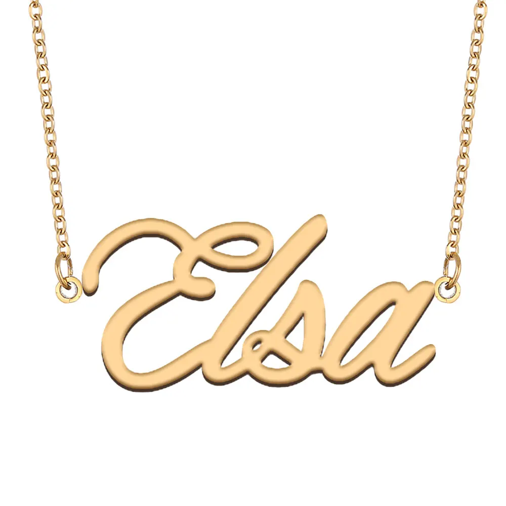 

Elsa Nameplate Necklace for Women Personalized Stainless Steel Jewelry Gold Plated Name Pendant Femme Mothers Girlfriend Gift