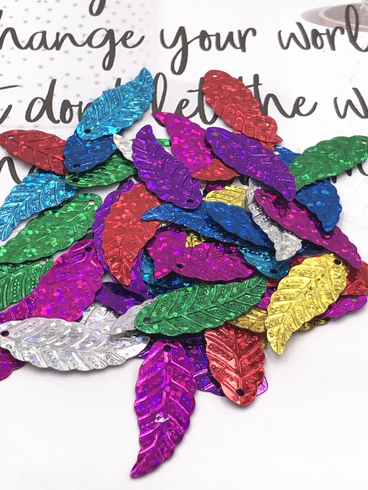 100pcs 17*45mm Leaf Loose Sequins PVC Mixed Color Paillettes 1 Hole Sewn On Cloth Clothing Accessories DIY Lentejuelas Materials