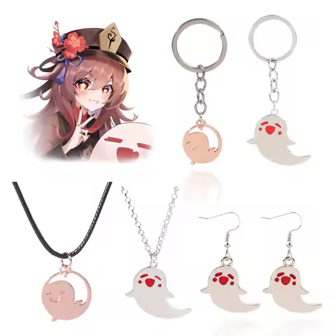 Genshin Impact Hu Tao Cute Ghost Keychain High Quality Metal Key Chain Collar Game Periphery Jewelry Gift For Fans Cosplay