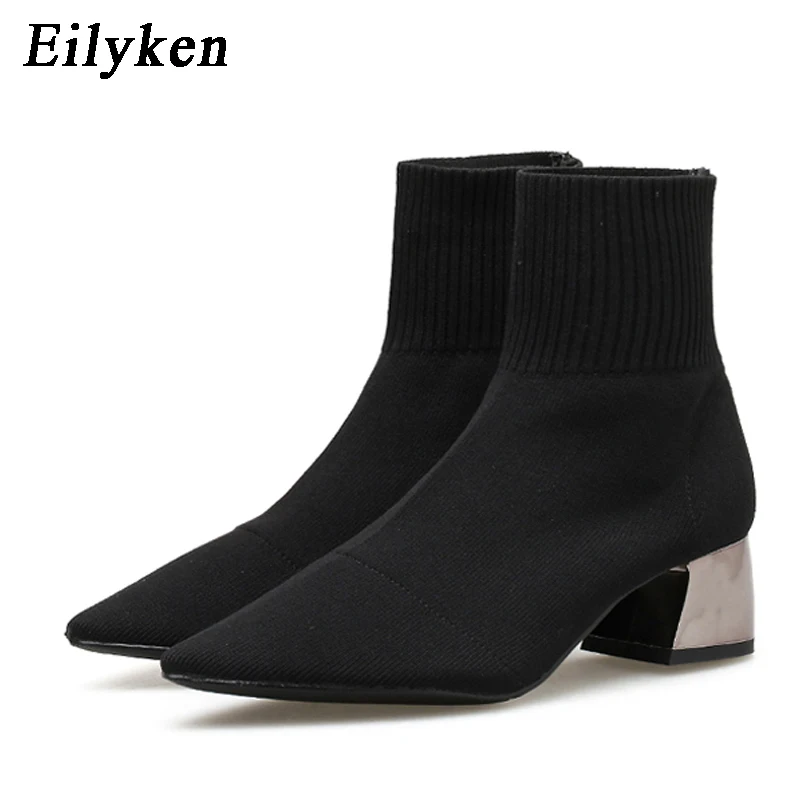 EilyKen 2024 Autumn Winter Knitted Stretch Fabric Socks Women Low Heel Short Boots Gray Pointed Toe Female Ankle Booties