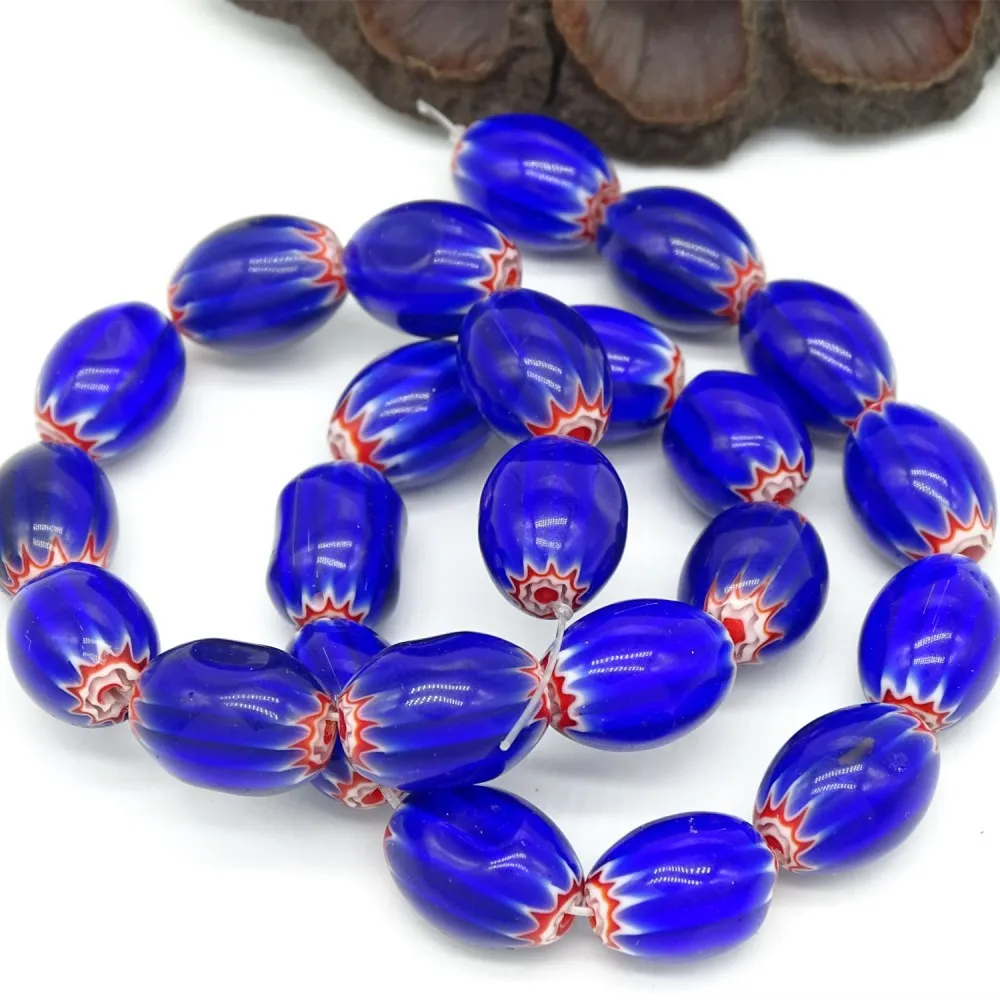 9x5mm 12x8mm 15x10mm Oval Shape Flower Patterns Blue Millefiori Glass Loose Beads for DIY Crafts Jewelry Making Findings