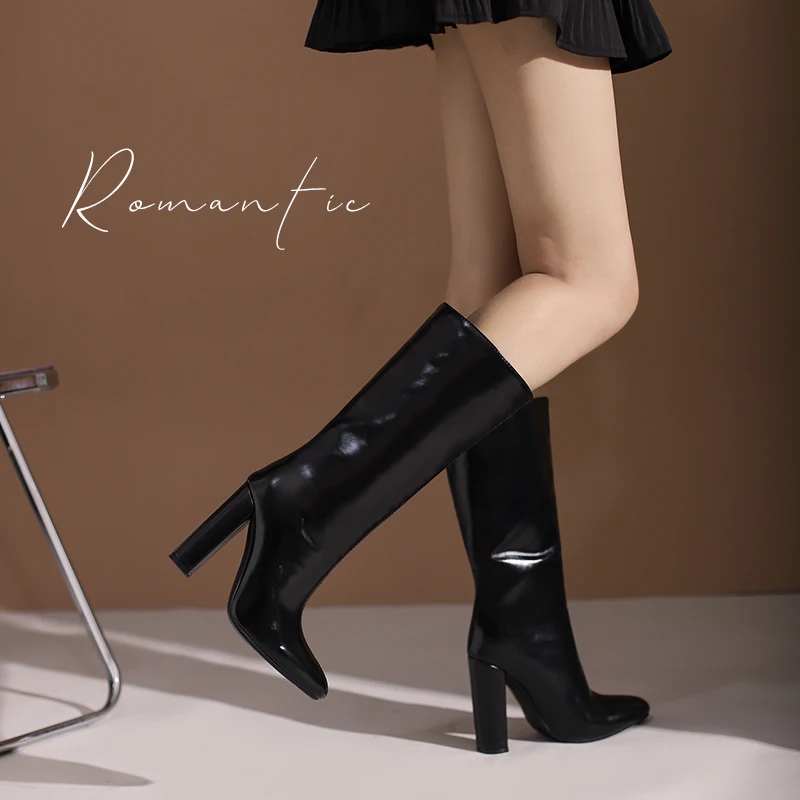 

Sexy Red Pu Patent Leather Knee High Boots Autumn Women Boots Chunky High Heel Long Booys Fashion Pointed Toe Winter Shoes Woman