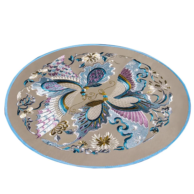 Custom Fine Embroidery Butterfly Round Placemat Table Decor Vase Mat Non-slip Luxury Silk Satin Tray Bowl Plate Insulate Pads