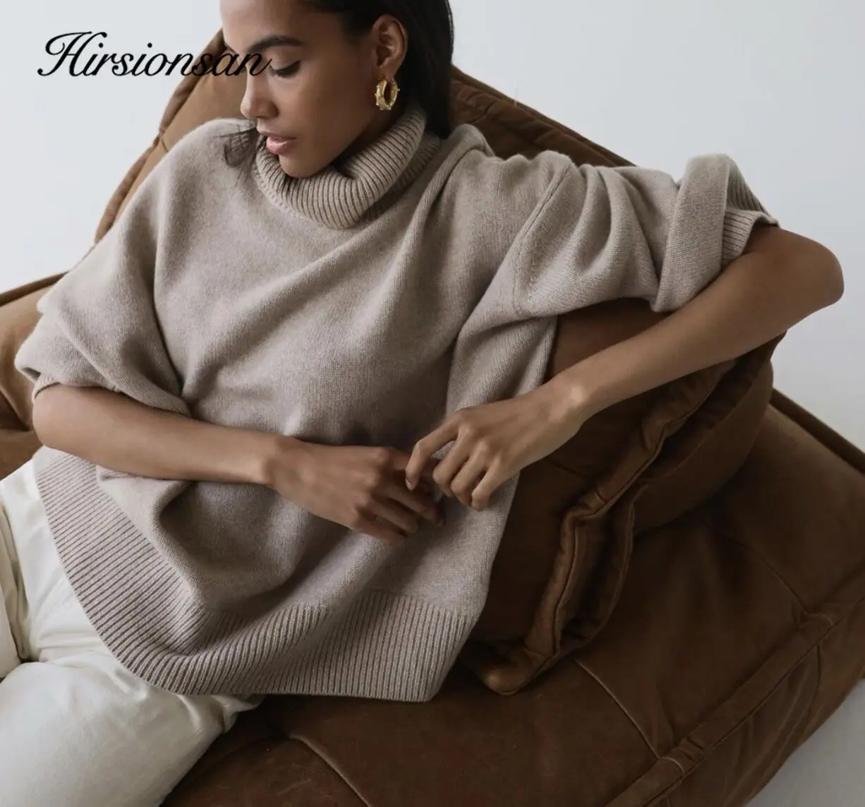 Hirsionsan turtle Neck Solid Cashmere Sweater Women Elegant Soft Warm Female Knitted Pullovers Basic Loose female Jumper