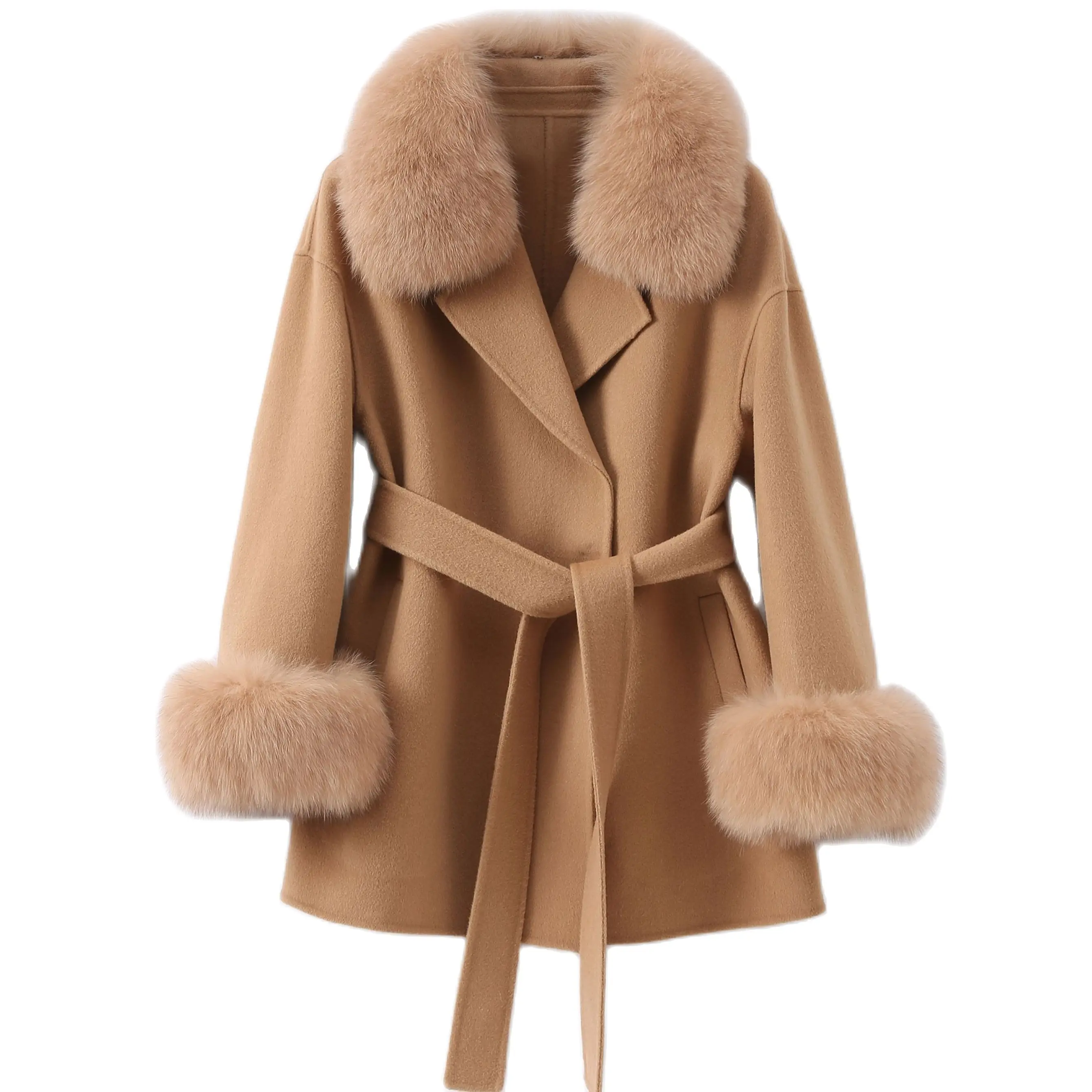 

Pudi Women Winter Real Fox Fur Coat Jacket 2021 Female Lady Over Size Wool Blends Parka Trench Cape Z21182