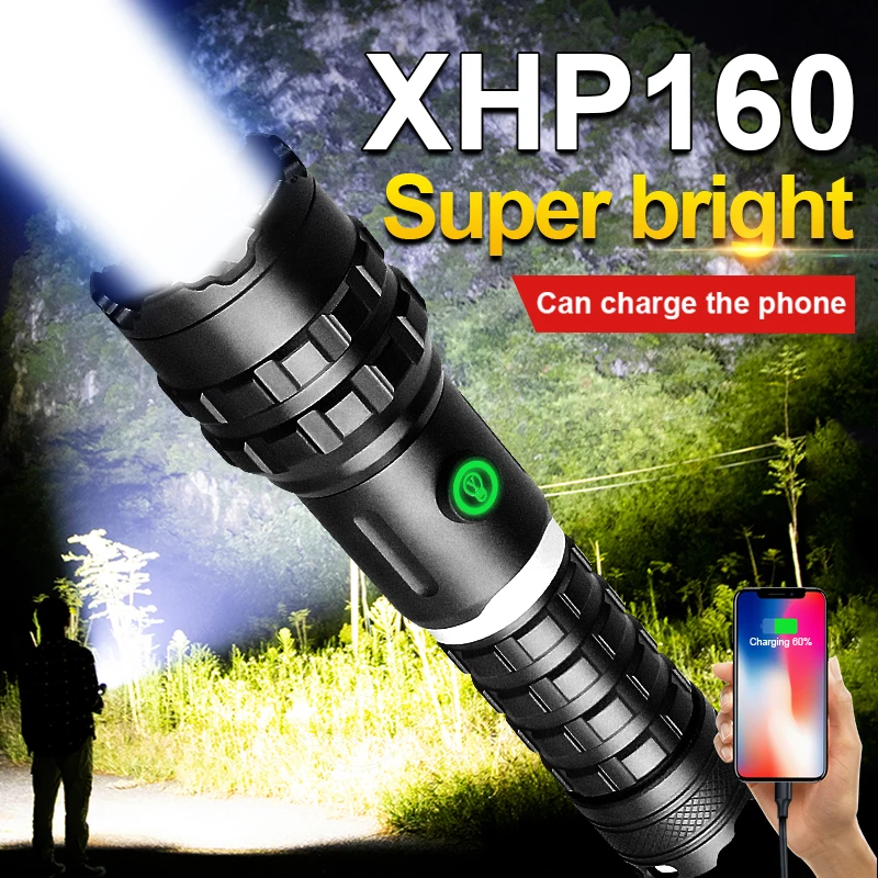 XHP160 High Power LED Flashlight Powerful Torch Light XHP90 Rechargeable Tactical Flashlight 18650 Type C Usb Hand Lamp Hunting