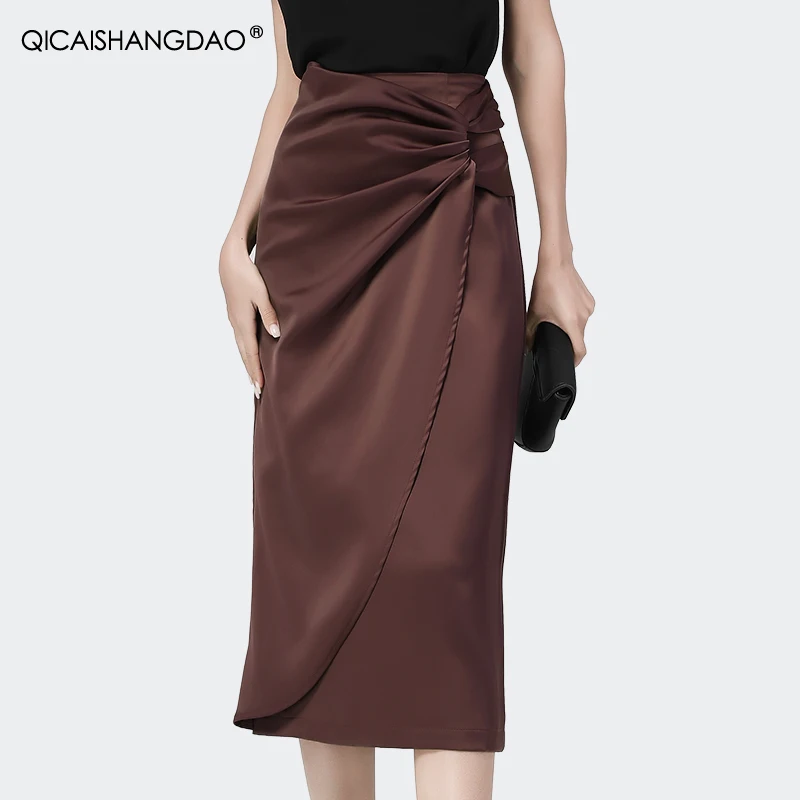 Mid-Length Sexy Slit Satin Skirts Women 2022 Solid Color High Waist Asymmetrical Pencil Skirts Elegant Office Ladies Wrap Skirt