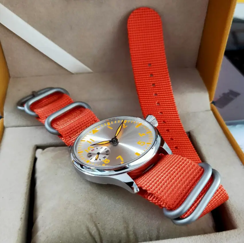 44mm Pilot style not have logo Mechanical Hand Wind Men\'s Watch Silver dial orange number orange nylon band st3600-2 movement