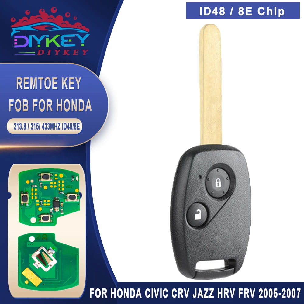 DIYKEY 313.8MHz 315MHz 433MHz ID48 8E CHIP Remote Key For 2002 2003 2004 2005 2006 2007 2008 Honda Civic CRV Jazz HRV FRV Stream