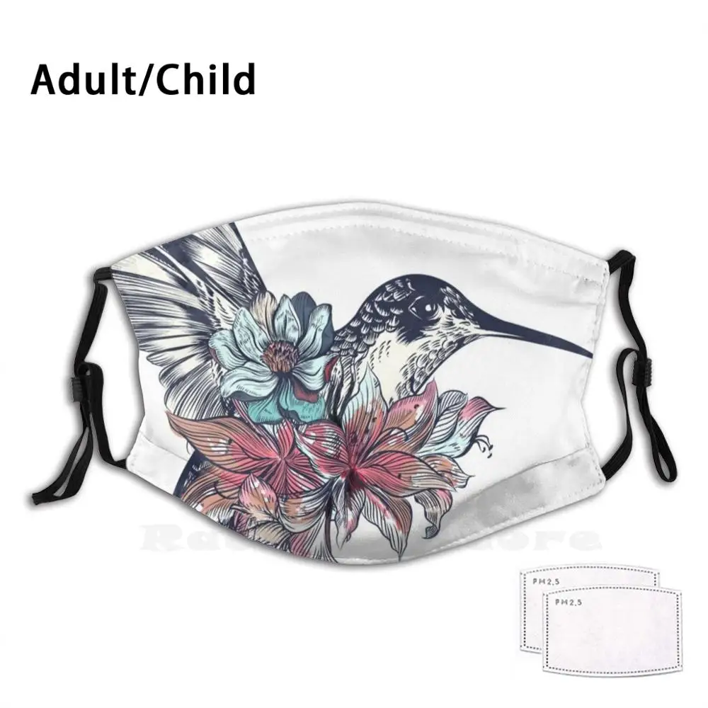 

Hummingbird Colibri Retro Vintage Animal Bird Design Print Washable Filter Anti Dust Mouth Mask Ummingbird Retro Vintage Bird