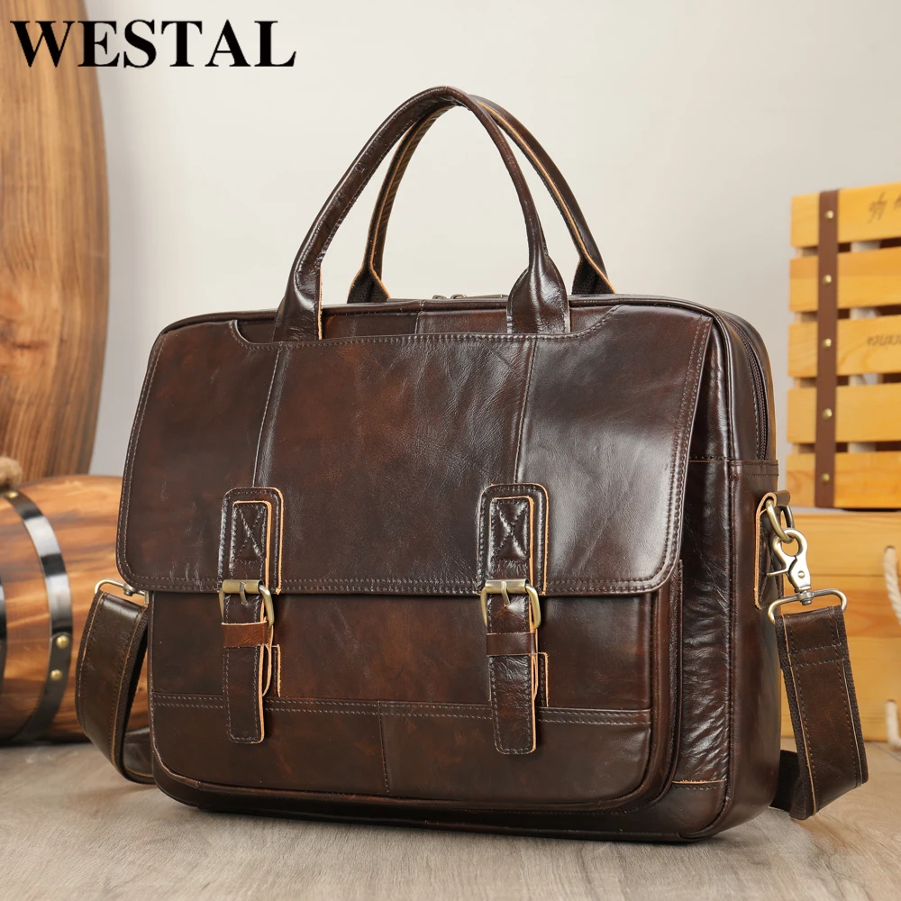 Westal masculino saco de pasta de couro genuíno dos homens bolsa para portátil de designer do vintage de luxo marca porte documento saco de