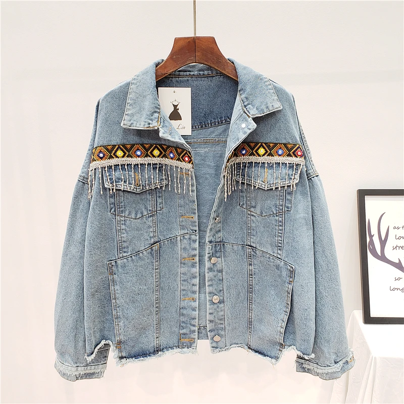 2024 Autumn Denim Jacket Vintage Jeans Jacket Coat Women Tassel Embroidery Flowers Denim Coat Loose Long Sleeve Female Outwear