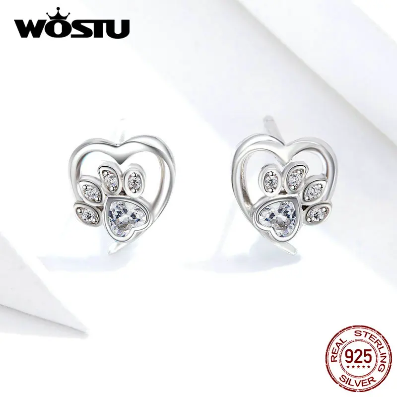 WOSTU 925 Sterling Silver Paw Dog Footprint Heart Stud Earrings For Women Stylish Zircon Lovely Small Earrings Jewelry CQE654-WH