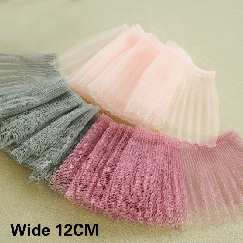 12CM Wide Double Layers Tulle Pleated Lace Fabirc Collar Cuffs Edging Trim Ribbon Curtains Dress Clothing DIY Sewing Accessories