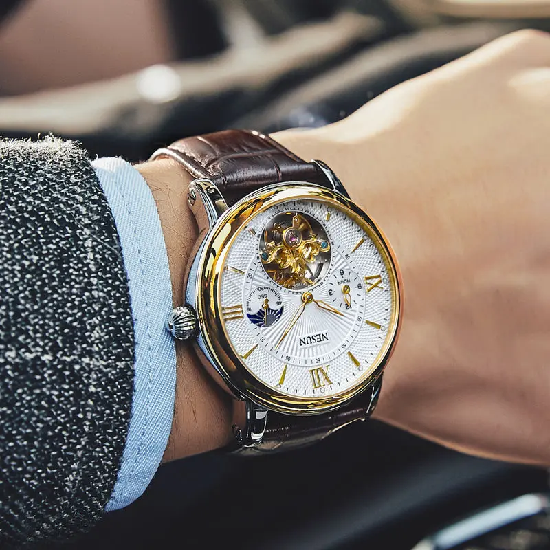 NESUN Switzerland Men's Dual Skeleton Watch Luxury Flywheel Automatic Mechanical Waterproof Moon Phase Luminous Clock N9091-3