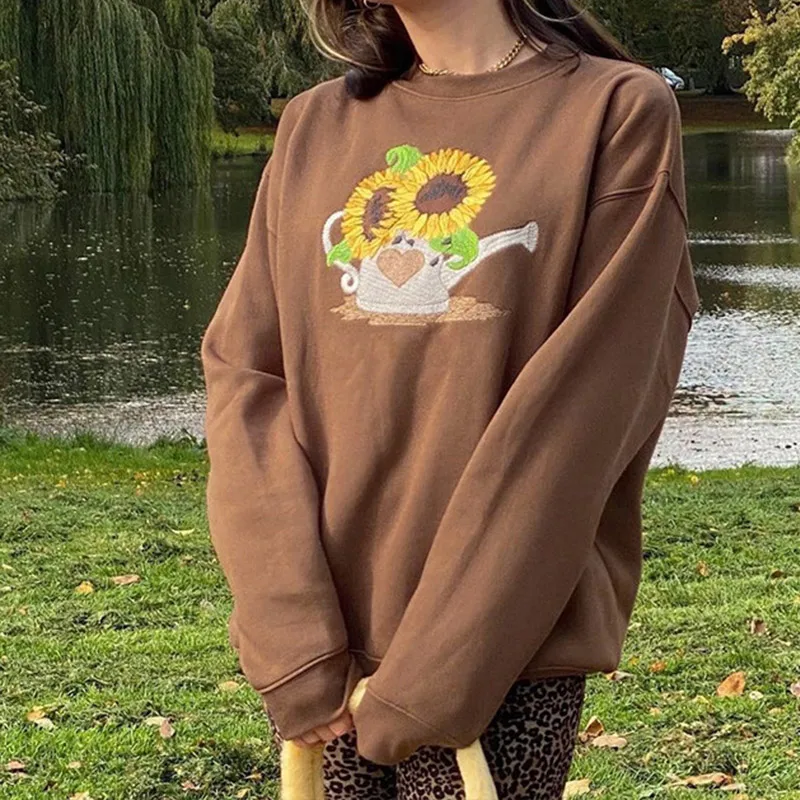 Autumn Fashion Sunflower Graphic Retro Floral Loose Casual Sweater Fashion Round Neck Top Brown Long Sleeve Sweatshirt