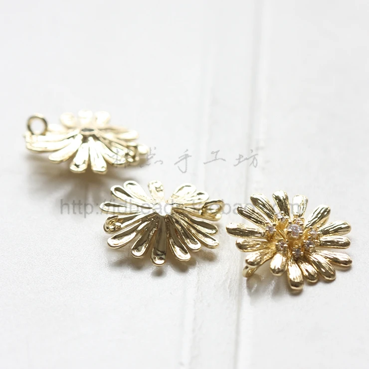 One Piece Solid Plated Brass Charm - Flower with Rhinestone 17.75x17.75mm (9179Z)