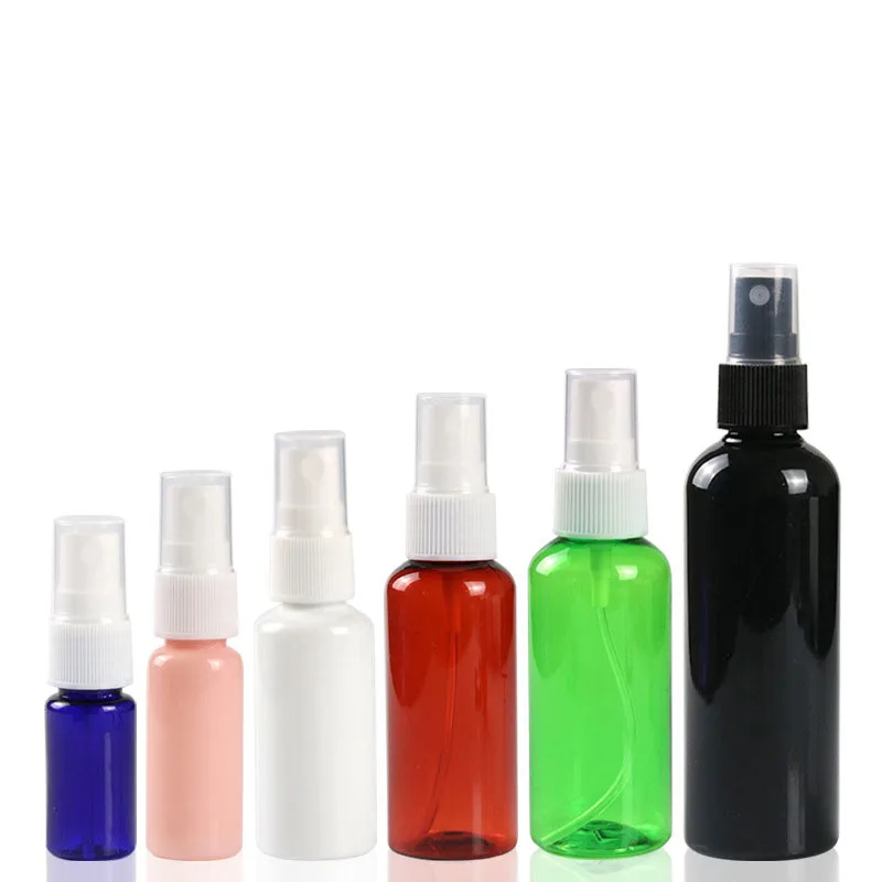 50pcs 10ml 20ml 30ml 50ml 100 ml black plastic Spray Bottles Black sprayer Perfume Cosmetic Containers Green blue white Color