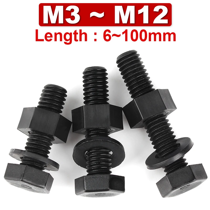 M3 M4 M5 M6 M8 M10 M12 Black Outer Hexagonal Nylon Screws, Nuts, Gaskets Insulated Plastic Bolts Combination Set PA66 Hexagon