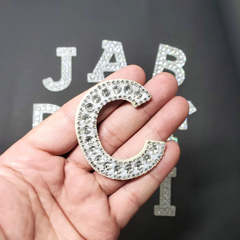 A-Z White Clear Rhinestone Letter Iron-on Patches for Clothing Iron on Clothes English DIY Logo Name Applique Stripes Sticker