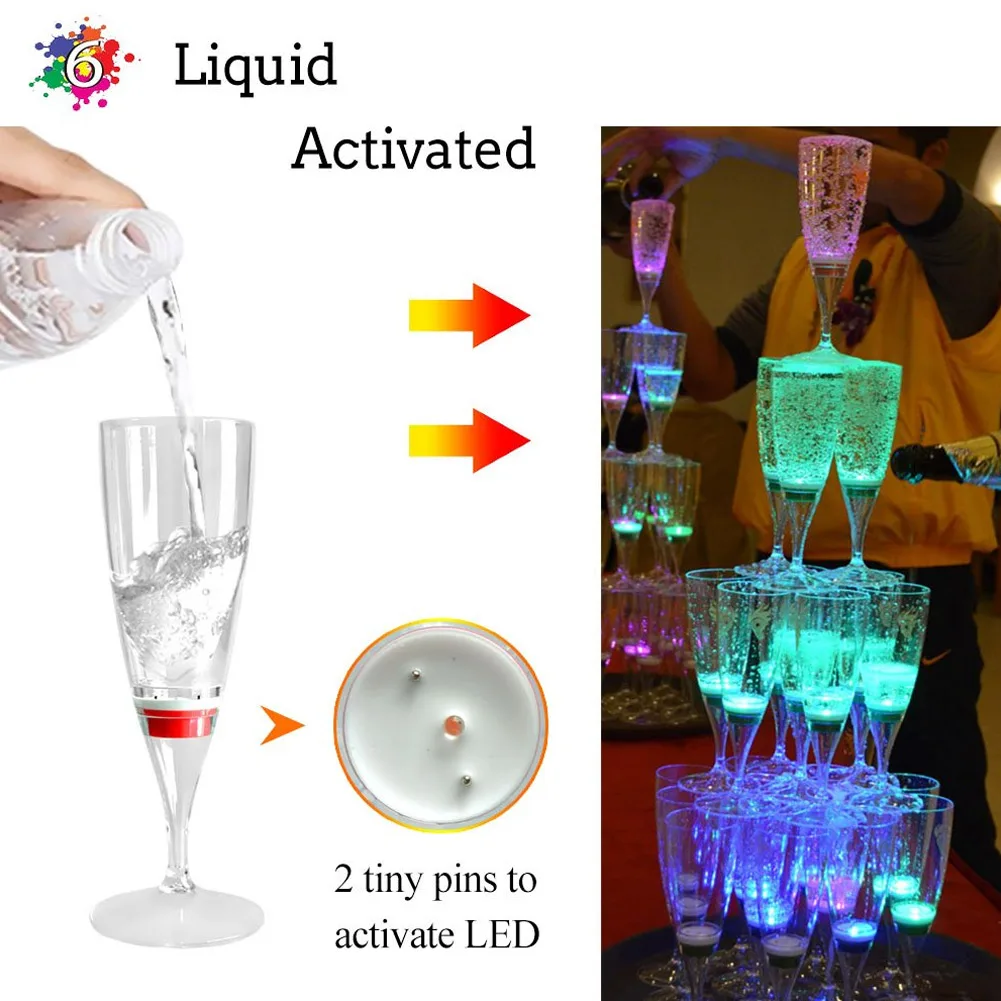 6 Pcs Hot LED Wine Champagne Flute Glasses Water Liquid Activated Flashing Light-up Cups Wine Accessories Kitchen Decoration FP8