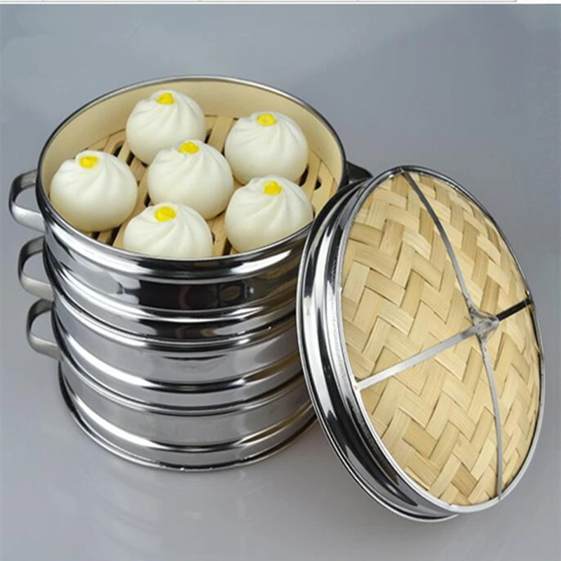 1set Stainless Steel Cookware Bamboo Steamer with lid Chinese Kitchen Cookware For Cooking Fish Rise Pasta Vegetables Dim