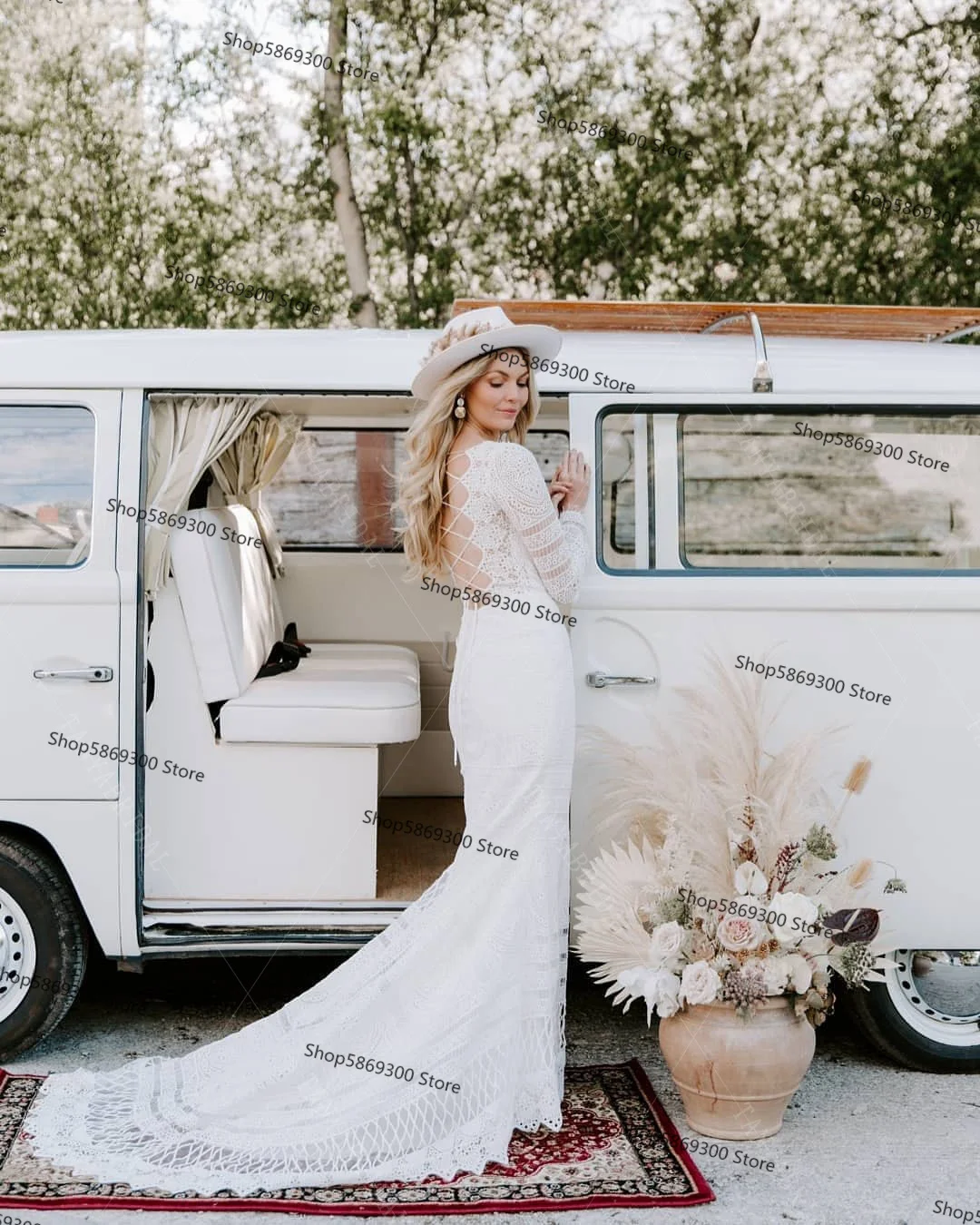 Abiti Da Sposa bohémien in pizzo all'uncinetto Abiti Da Sposa a maniche lunghe con scollo a v allacciati Abiti Da fidanzamento Da sogno Abiti Da Sposa