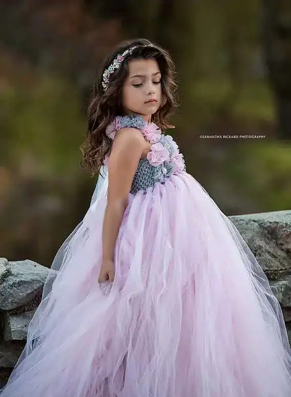 Abito tutù da ragazza di fiore rosa e grigio Abito da sposa in tulle Abiti da sposa per ragazze Robe Demoiselle Rose Abito per vestiti per ragazze